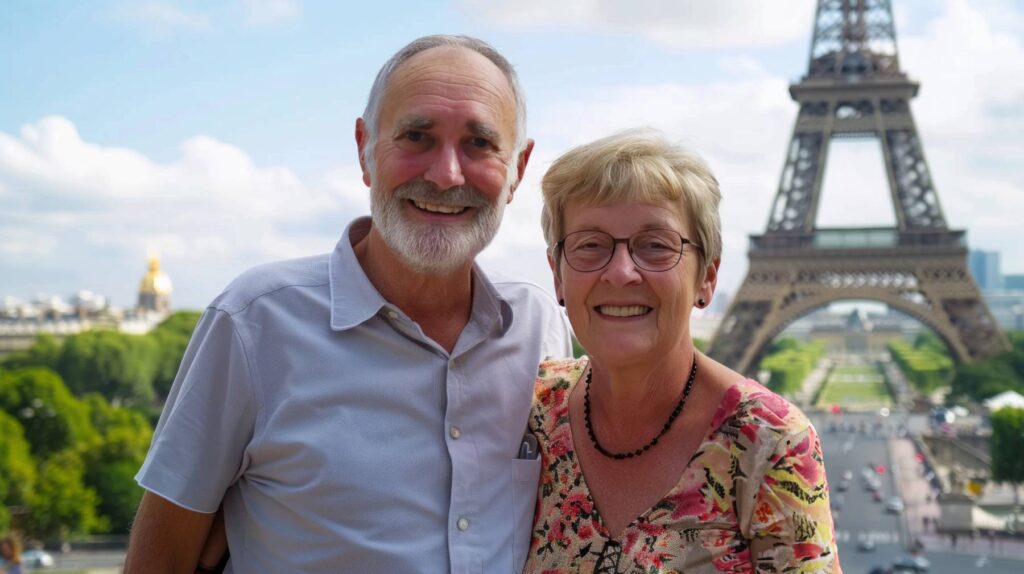 Older Couple at the Eiffel Tower in France - over 65 travel insurance